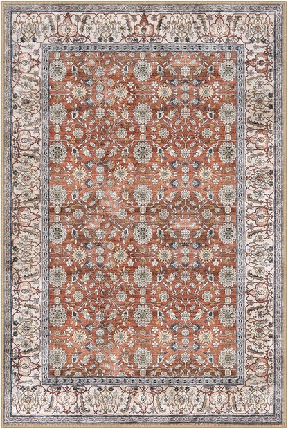 KUTA Vintage Floral 9x12 Area Rug, Large Washable Rugs for Living Room Non Slip, Red Clay Ultra Thin Soft Print Distressed Flower Low-Pile Traditional Carpet for Bedroom Dining Room Dorm Office