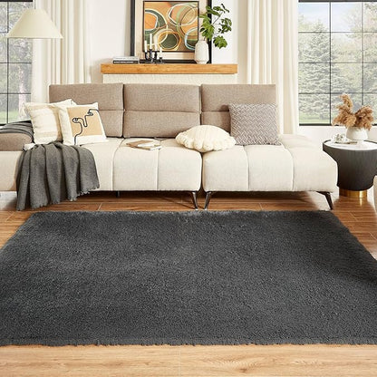 Floralux 8x10 Shag Rug for Bedroom, Dark Grey, Large Area Rug for Living Room, Soft Fluffy Carpet