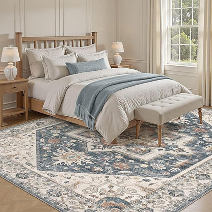 10x14 Area Rugs for Living Room - Large Carpet Ultra Thin Soft Washable Oriental Vintage Floral Distressed Rug Big Indoor Carpets for Bedroom Nursery Dorm Home Decor Aesthetic - Vintage Blue