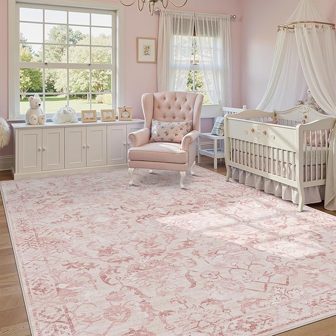 Pink Area Rugs 6x9 for Living Room, Washable Vintage Rugs for Bedroom, Distressed Throw Rug, Non Slip Rug Carpet for Bedroom Dining