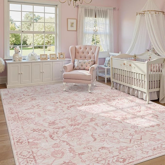 Pink Area Rugs 6x9 for Living Room, Washable Vintage Rugs for Bedroom, Distressed Throw Rug, Non Slip Rug Carpet for Bedroom Dining