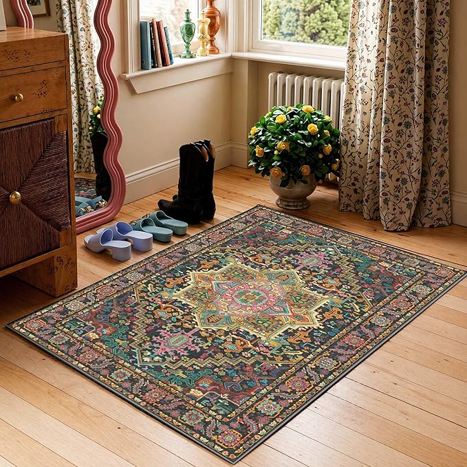 2x3 Washable Small Front Door Black and Pink with Vintage Orient Design, Soft Rug for Entryway or Kitchen, Non-Slip Low Pile Stain Resistance Features, Distressed Medallion Pattern