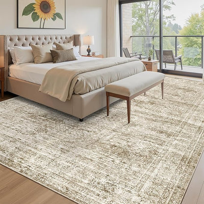 Soalmost Washable Area Rug 8x10, Large Soft Rugs for Living Room Vintage Area Rugs for Bedroom Dining Room Non-Slip Stain Resistant Brown Under Table Rug
