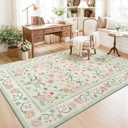 Maxsoft Large Area Rugs for Living Room Bedroom, 5x7 Washable Floral Area Rugs, Non-Slip and Stain Resistant Soft Throw Indoor Carpet for Dining Room Office Kitchen Dorm Home Decor, Green