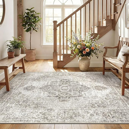 5x7 Area Rugs for Living Room, Washable Vintage Boho Medallion Rug Non Slip Low Pile Floor Carpet for Bedroom Nursery Dining Room (Taupe, 5'x7')