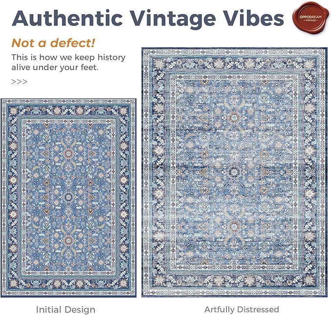 OPPODREAM Vintage Blue Area Rugs 3x5, 3 x 5 Retro Washable Rug Non Slip, Low-Pile Faux Wool Carpet, Distressed Navy Floor Mat for Living Room, Bedroom, Kitchen, Office, Dorm, Dinning Room