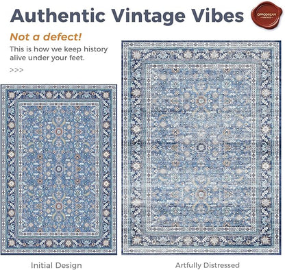 OPPODREAM Vintage Blue Area Rugs 3x5, 3 x 5 Retro Washable Rug Non Slip, Low-Pile Faux Wool Carpet, Distressed Navy Floor Mat for Living Room, Bedroom, Kitchen, Office, Dorm, Dinning Room
