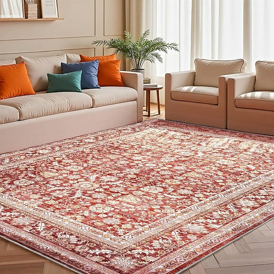 OPPODREAM Vintage Red Area Rugs 8x10, 8 x 10 Retro Washable Rug Non Slip, Low-Pile Faux Wool Carpet, Distressed Floor Mat for Living Room, Bedroom, Office, Dorm, Dinning Room, Big & Large