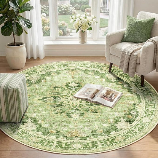 RELEANY Area Rugs Round 4ft Washable Non-Slip, Floral Vintage Distress Print Pattern Medallion Carpet for Living Room Bedroom Dining Room, Sage Green Yellow