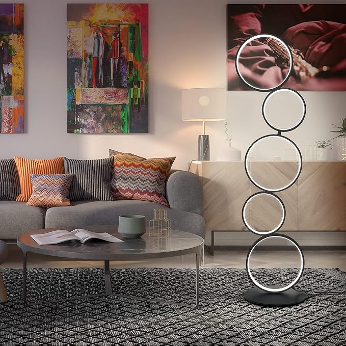 COSYLUX LED Modern Floor Lamp for Bedroom, 3 Way Bright Dimmable Corner Floor lamp with 5-Ring 2-in-1 Standing Tall End Table Lamp for Living Room & Office Reading Light, 3260LM, 6000K, Black.