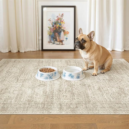 Soalmost 3x4 Rug, Small Area Rug for Kitchen, Entryway, Machine Washable Non-Slip Throw Rug, Vintage Carpet for Nursery Coffee Table Beige