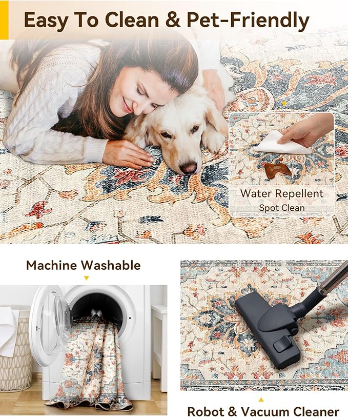 RELEANY Area Rugs 5'x7' Washable Non-Slip, Floral Vintage Distress Print Pattern Medallion Carpet for Living Room Bedroom Dining Room, Beige Navy Blue Orange Colorful