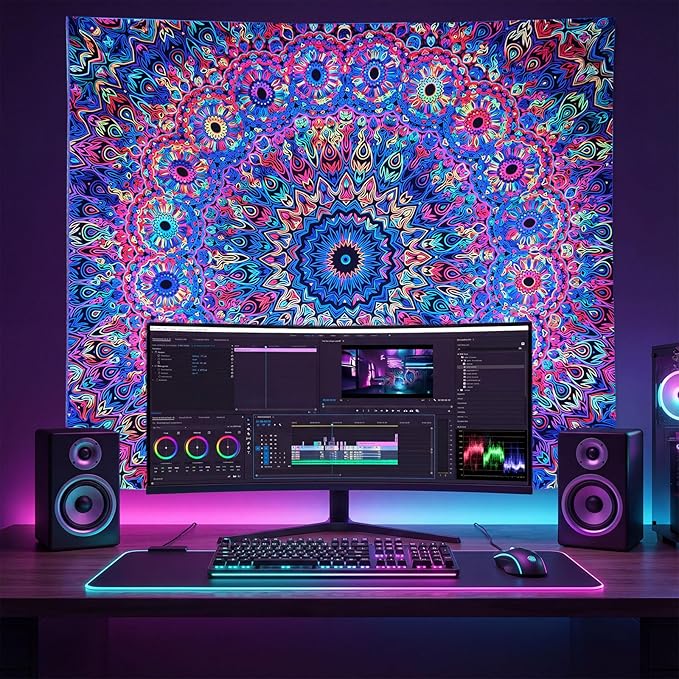 PRRPRR Blacklight Mandala Tapestry for Bedroom, UV Reactive Trippy Wall Tapestry, Bohemian Aesthetic Wall Art Decor for Adults Teens (Mandala, 78"x59")