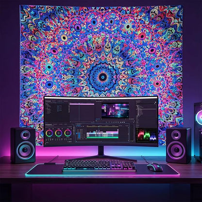 PRRPRR Blacklight Mandala Tapestry for Bedroom, UV Reactive Trippy Wall Tapestry, Bohemian Aesthetic Wall Art Decor for Adults Teens (Mandala, 78"x59")