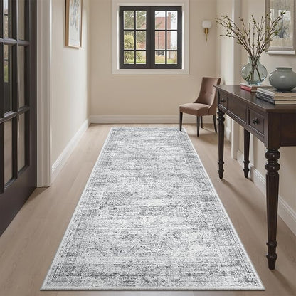 Soalmost Runner Rug 3x6 Washable Non-Slip Kitchen Runner Rugs for Bathroom Laundry Room Grey Vintage Floor Carpet Runners for Hallway Entryway