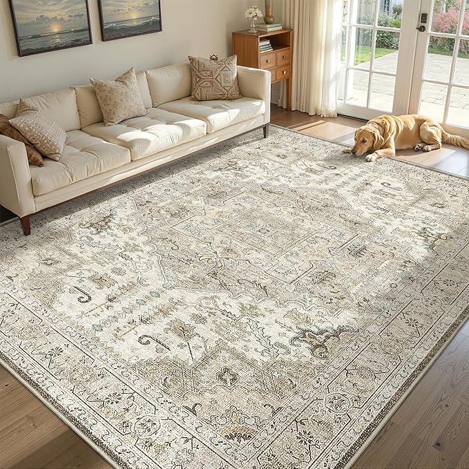 5x7 Washble Area Rugs - Large Stain Resistant Rugs for Living Room Bedroom Non Slip Backing Area Rug Vintage Home Decor Rug (Brown/Ivory,5'x7')