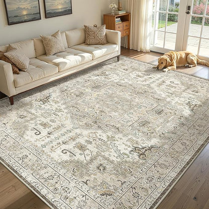 5x7 Washble Area Rugs - Large Stain Resistant Rugs for Living Room Bedroom Non Slip Backing Area Rug Vintage Home Decor Rug (Brown/Ivory,5'x7')