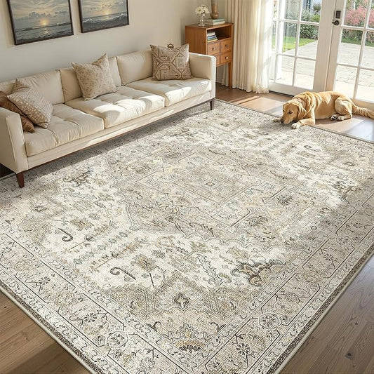 5x7 Washble Area Rugs - Large Stain Resistant Rugs for Living Room Bedroom Non Slip Backing Area Rug Vintage Home Decor Rug (Brown/Ivory,5'x7')