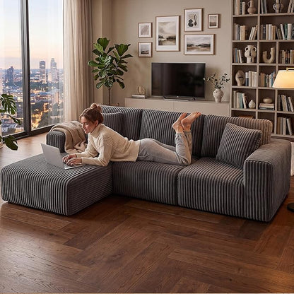 GRUSIGN 107'' Cloud Sectional Boneless Couches for Living Room, Modular L Shaped Couch with Deep Seat Oversized Left Facing Chaise, Memory Foam Compressed Spineless 3 Seater Sofa, Wide-Striped Grey