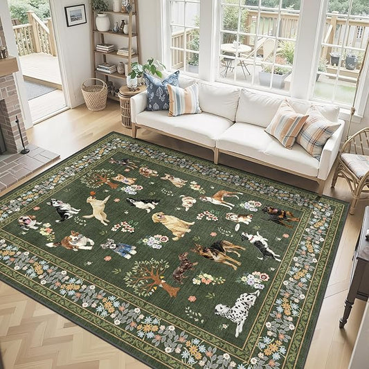 Dogs Area Rugs 9x12 for Living Room, Washable Rug Non Slip Floral Low Pile Large Rug for Living Room, Bedroom, Farmhouse, Dining Room, Kids Playroom, Dark Green