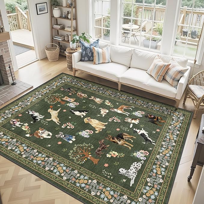 Washable Area Rug 8x10, Large Soft Dog Rugs for Living Room Floral Dark Green Carpet Dogs Area Rugs for Bedroom Dining Room Non-Slip Stain Resistant Under Table Rug