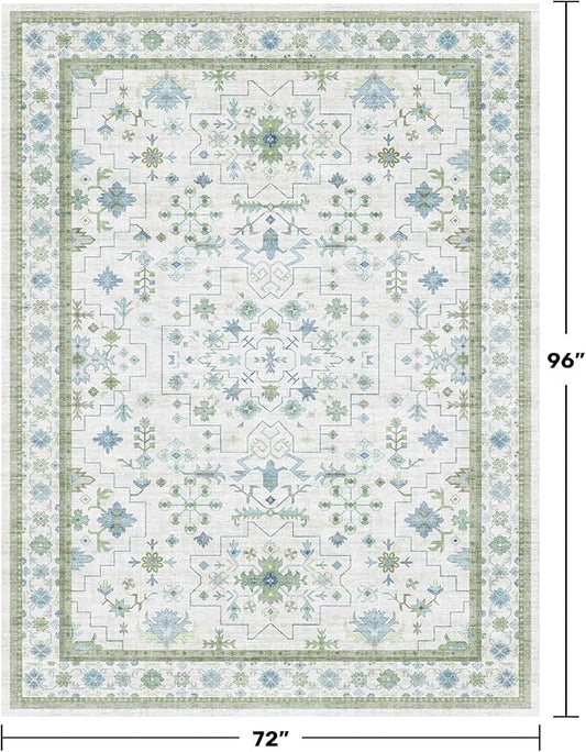 Hazo Haus Cream Oushak 6x8 Bedroom Rug - Boho Floral Cool Blue and Green, Washable Low Pile Non-Slip Ultra-Thin Large Area Rugs for Bed Room, Living Room