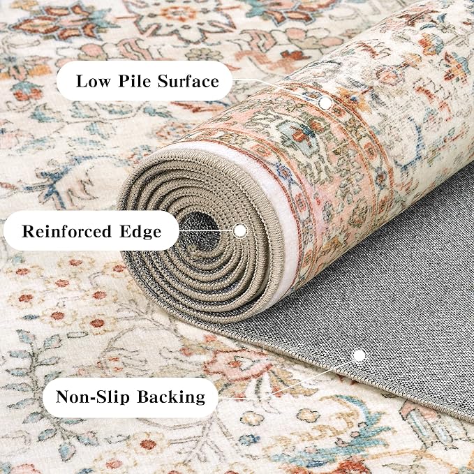 5x7 Pink Washable Area Rugs for Living Room Non Slip Low Pile Vintage Boho Throw Rug Soft Retro Distressed Floral Carpet Indoor Farmhouse Decor for Bedroom Dining Room Office Kitchen Playroom