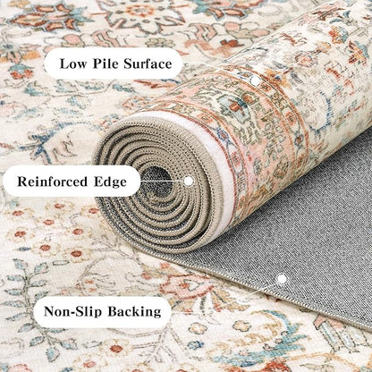 6x9 Pink Washable Area Rugs for Living Room Non Slip Low Pile Vintage Boho Throw Rug Soft Retro Distressed Floral Large Carpet Indoor Farmhouse Decor for Bedroom Dining Room Office Kitchen Playroom