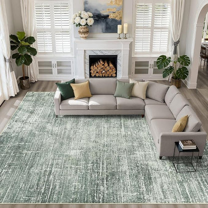 10x12 Area Rug Living Room: Washable Large Neutral Rugs Abstract Soft Modern Stain Resistant Indoor Floor Non-Slip Carpet for Bedroom Nursery Kids Office Playroom Dining Room Under Table- Dark Green