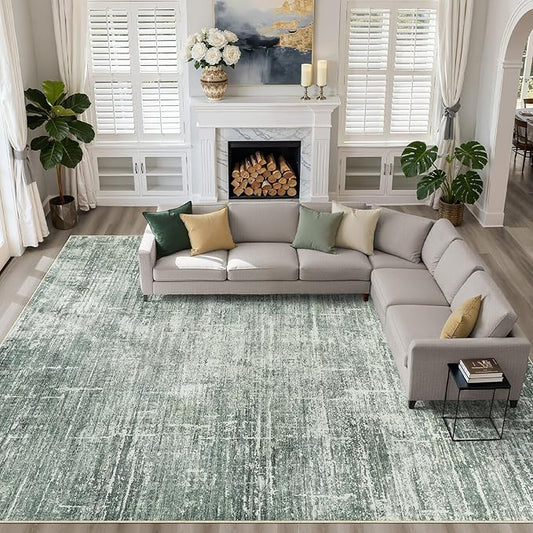 10x12 Area Rug Living Room: Washable Large Neutral Rugs Abstract Soft Modern Stain Resistant Indoor Floor Non-Slip Carpet for Bedroom Nursery Kids Office Playroom Dining Room Under Table- Dark Green