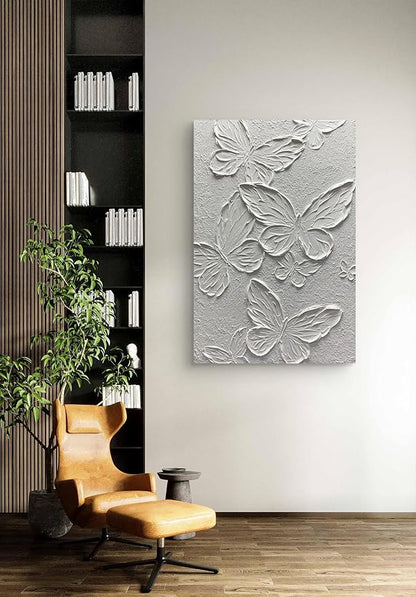 Boiee Art,30x45Inch Handmade Textured Acrylic Canvas Wall Art Creamy White Butterfly Paintings Abstract Decorative Artwork Stretched and Framed Ready to Hang for Wall