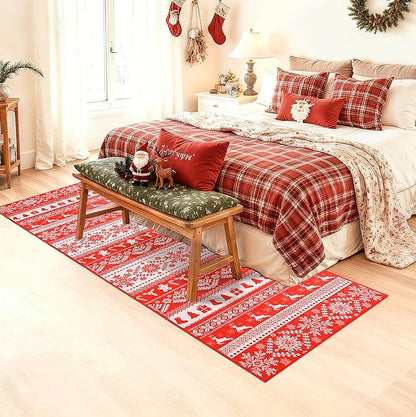 2x8 Hallway Runner Rug, Washable Non Slip Snowflake Print Design, Entryway Vintage Soft Kitchen Laundry Runner Rugs, Indoor Farmhouse Home Decor Carpet for Living Room Bedroom Dining Room, Red