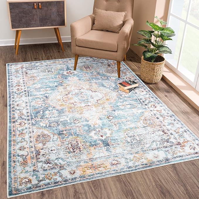 Bloom Rugs Washable Non-Slip 5' x 7' Rug - Teal/Peach Traditional Area Rug for Living Room, Bedroom, Dining Room, and Kitchen - Exact Size: 5' x 7'