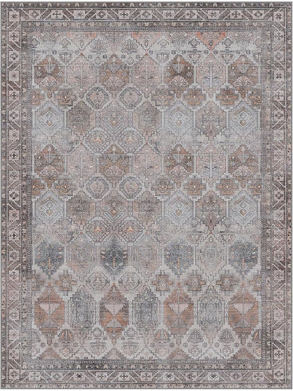 Bavni Washable Rug 5x7 Area Rug for Living Room Bedroom Dining, Washable Vintage Print Carpet, Ultra-Thin Chenille Low Pile Lightweight Rug with Non Slip Backing, Retro Grey