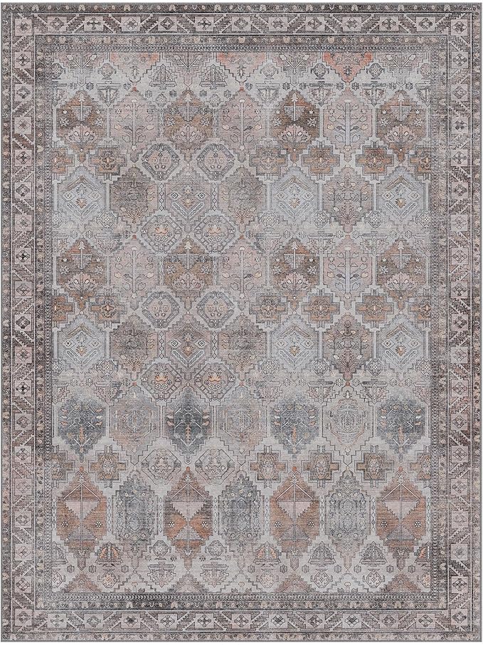 Bavni Washable Rug 8x10 Area Rug for Living Room Bedroom Dining, Washable Vintage Print Carpet, Ultra-Thin Chenille Low Pile Lightweight Rug with Non Slip Backing, Retro Grey