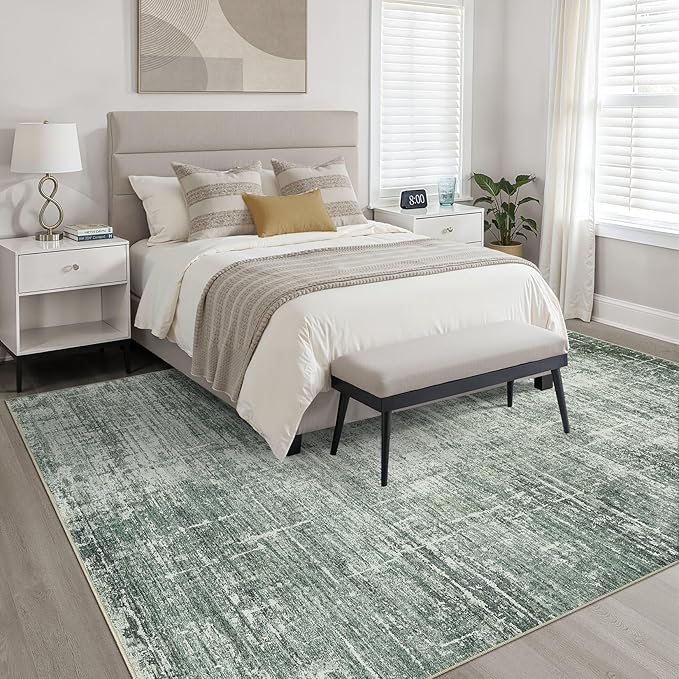 7x9 Area Rug Living Room: Washable Large Neutral Rugs Abstract Soft Modern Stain Resistant Indoor Floor Non-Slip Carpet for Bedroom Nursery Kids Office Playroom Dining Room Under Table- Dark Green
