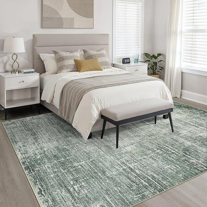 7x9 Area Rug Living Room: Washable Large Neutral Rugs Abstract Soft Modern Stain Resistant Indoor Floor Non-Slip Carpet for Bedroom Nursery Kids Office Playroom Dining Room Under Table- Dark Green