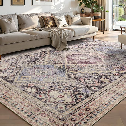 YOH Boho Washable Rug 4x6, Mauve Grey Vintage Non Slip Area Rug, Distressed Indoor Carpet for Living Room Bedroom Kitchen Office
