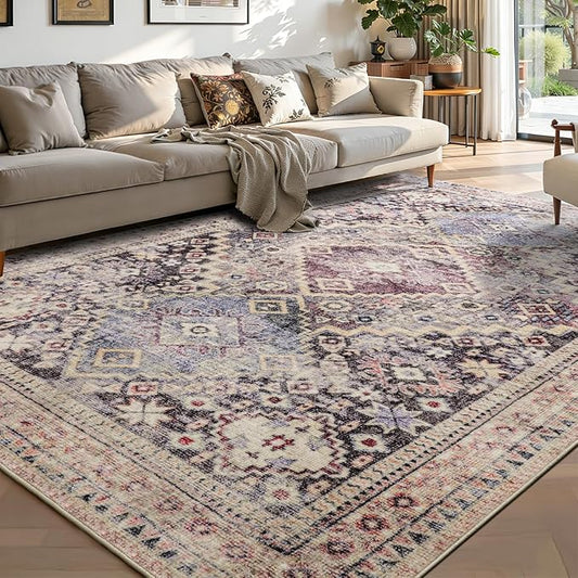 YOH Boho Washable Rug 4x6, Mauve Grey Vintage Non Slip Area Rug, Distressed Indoor Carpet for Living Room Bedroom Kitchen Office