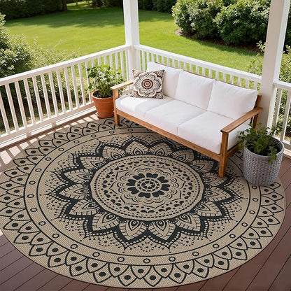 Easy Jute Outdoor Round Rug, 8ft Washable Indoor Outdoor Patio Rug, Black Non Slip Round Area Rug Farmhouse, Boho Carpet for Backyard Patio