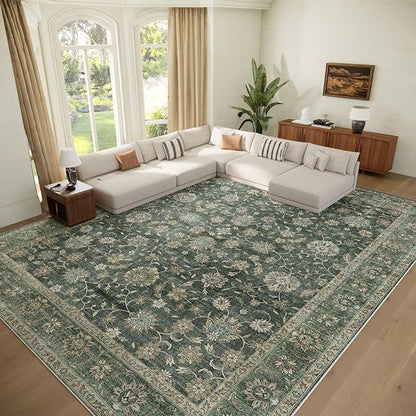 Washable 9x12 Area Rugs for Living Room, Boho Non-Slip Vintage Distress Lager Rugs for Bedroom Dining Room Nursery Office, 0.3" Neutral Oriental Throw Thin Carpet, Sage Green/Multi, E1