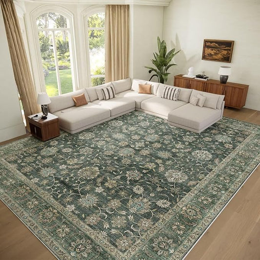 Washable 10x14 Area Rugs for Living Room, Boho Non-Slip Vintage Distress Large Rugs for Bedroom Dining Room Office, 0.3" Neutral Oriental Throw Thin Carpet, Sage Green/Multi, E1