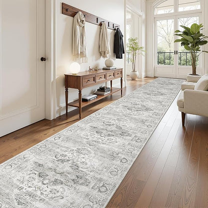 Washable 2.6x16 Runner Rug - Non Slip Long Vintage Hallway Runner Rugs for Kitchen Stain Resistant Indoor Mat Waterproof Carpet for Living Room Entryway Ivory/Gray