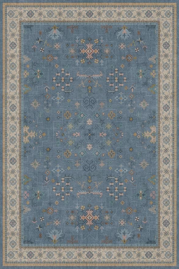 Hazo Haus Boho 8x12 Large Area Rugs for Living Room - Eclectic Dusky Blue Rug for Bedroom Under Bed, Dining Room Under Kitchen Table, Washable Soft Non Slip Unique Colorful Indoor Décor