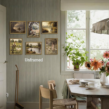 Vintage Countryside Wall Art Set of 6, Unframed Canvas Prints Rustic Farmhouse Nature Landscape Posters, Retro Children and Animal Painting Pictures for Living Room Bedroom Home Decor 8x10 Inch