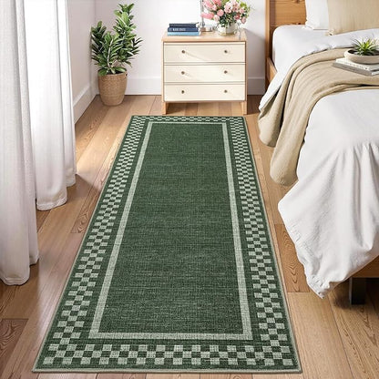 Washable Runner Rug 2x10 Modern Bordered Hallway Runner Rug Non Slip Kitchen Throw Carpet Checkered Bathroom Entryway Runner Rugs Low Pile Solid Area Rugs for Living Room Bedroom Nursery Sink, Green