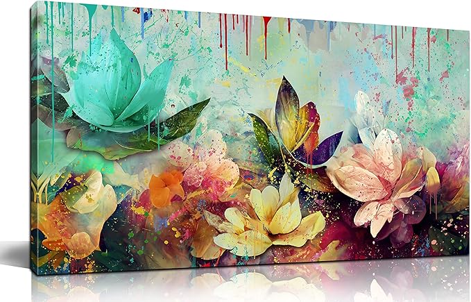GUGIKA Flower Wall Art for Living Room, Colorful Floral Canvas Wall-Art for Bedroom, Watercolor Lotus Print, Large Size 59x29 Inches