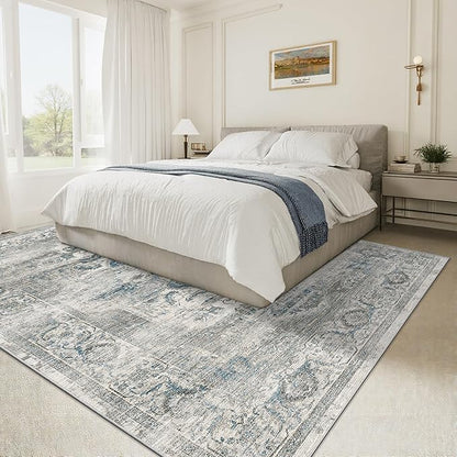 6x9 Area Rugs for Living Room, Machine Washable Non Slip Vintage Rug, Non-Slip Stain Resistant, Large Soft Home Decor Rug for Bedroom Dining Room (Blue/Grey,6'x9')
