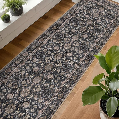 KUTA Vintage Washable Long Hallway Runner Rug, 2.6x16 Brown Non-Slip Kitchen Rugs Ultra Thin Soft Printed Distressed Oriental Floral Floor Carpet for Laundry Bedroom Living Room Nursery