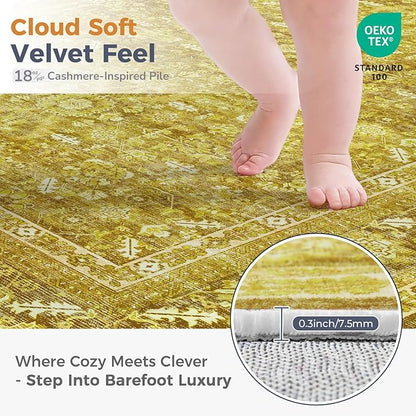OPPODREAM Vintage Yellow Area Rugs 3x5, 3 x 5 Retro Washable Rug Non Slip, Low-Pile Faux Wool Carpet, Distressed Floor Mat for Living Room, Bedroom, Kitchen, Office, Dorm, Dinning Room